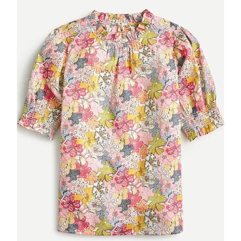 J. Crew Liberty print Floral Smocked Neck Blouse in Pink, Yellow & Green